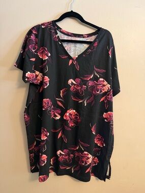 Roaman's Black V-Neck Tunic with Pink & Burgundy Floral Print